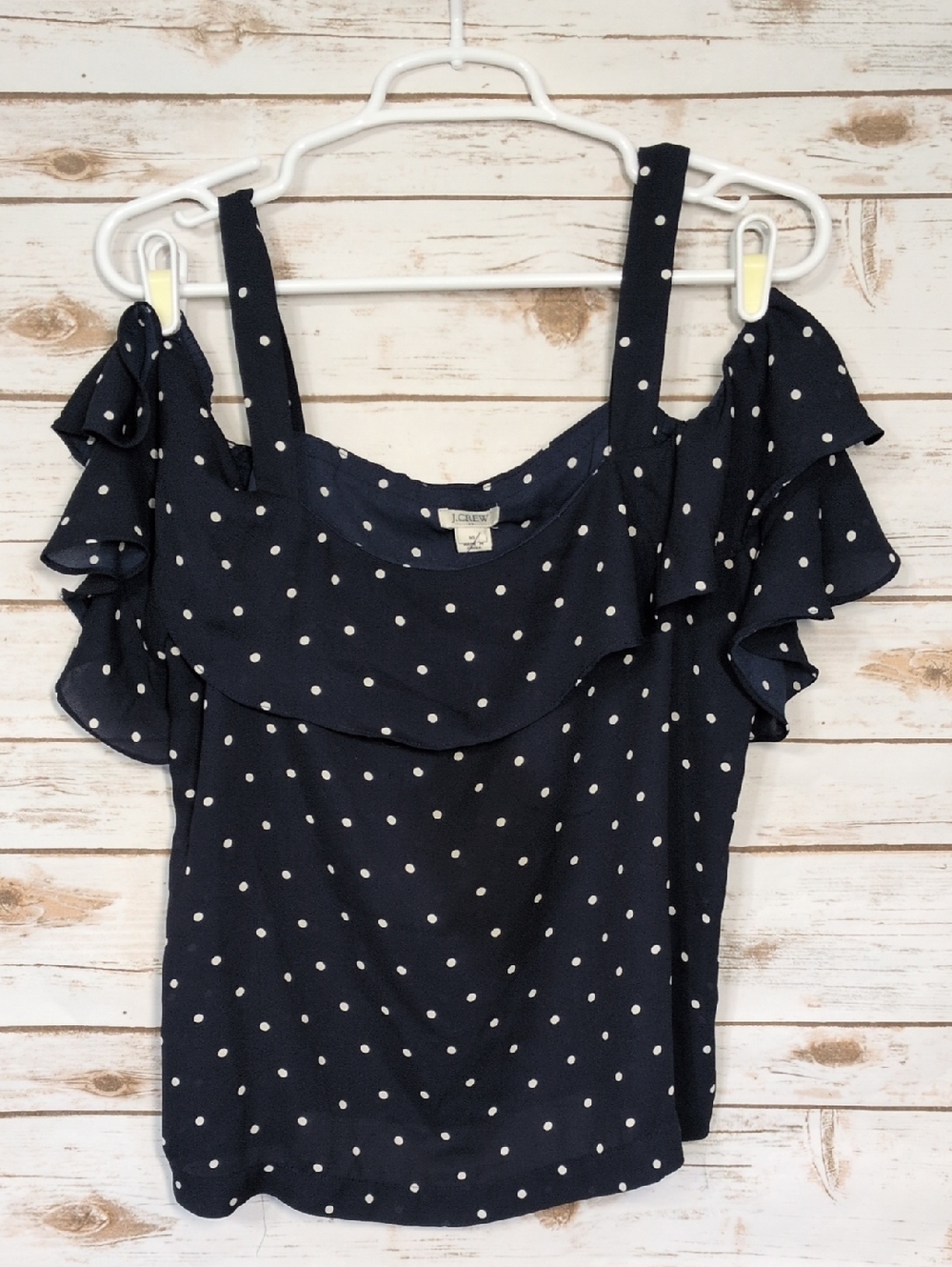 J.Crew Navy White Polka Dot Ruffle Cold-Shoulder Camisole